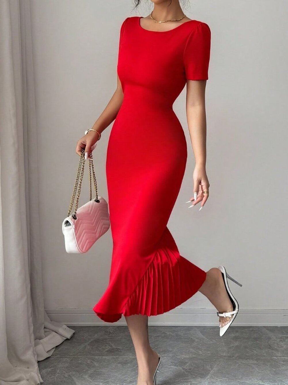 Red Elegant Women's Button-Decorated Short Sleeve Slim Fit Long Dress - Picture 1 of 4